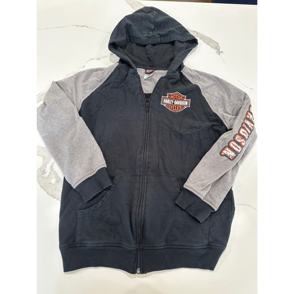 Harley Davidson Motorcycle Zip Up Hoodie Kids Size 12/14 Black Gray Pullover - Picture 1 of 5